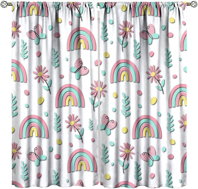 Kids Rainbow Curtains Boho Cartoon Colorful Stars Love Heart Lovely Abstract Art Pattern Print Window Drapes for Girl Bedroom Living Room Kitchen Decor,2 Panel Set,72Wx63H Inch Blackout
