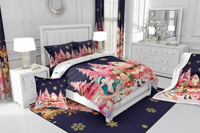 jejeloiu Merry Christmas Comforter Set Full Size Santa Claus Bedding Set for Kids Boys Girls Cute Deer Duvet Quilt Dark Blue Bedroom Decor