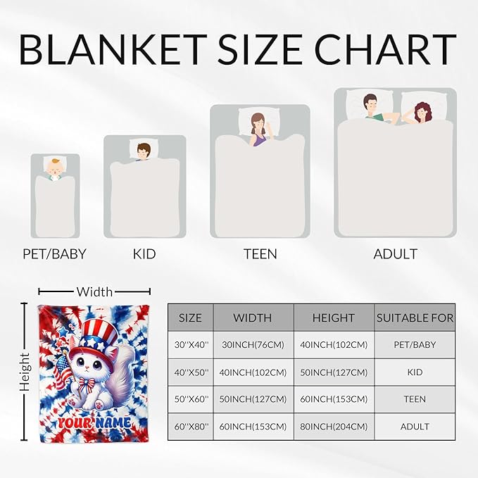 Blanket Gifts for Girls - 30" x 40" Inches Custom Cat Throw Blankets for Cat Lovers - Soft Warm American Flag Throw for Sofa, Bed & Living Room