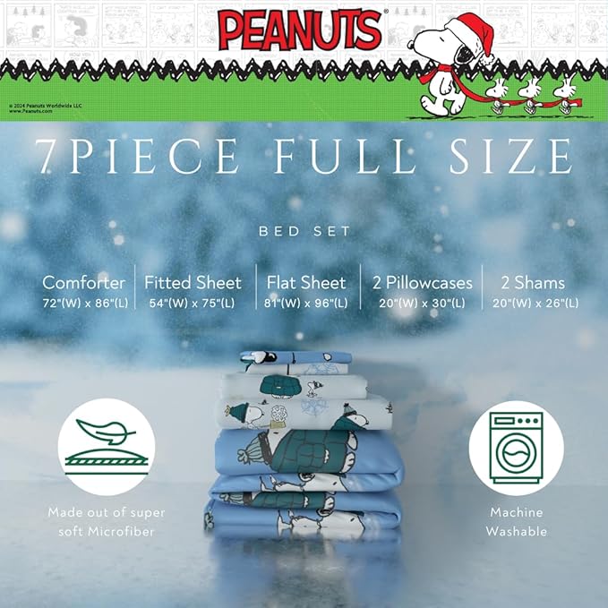 Collectibles Peanuts Snoopy Puffer Holiday & Christmas Bedding Super Soft Comforter and Sheet Set with Sham, 7 Piece Full Size (Officially Licensed Product) by Franco