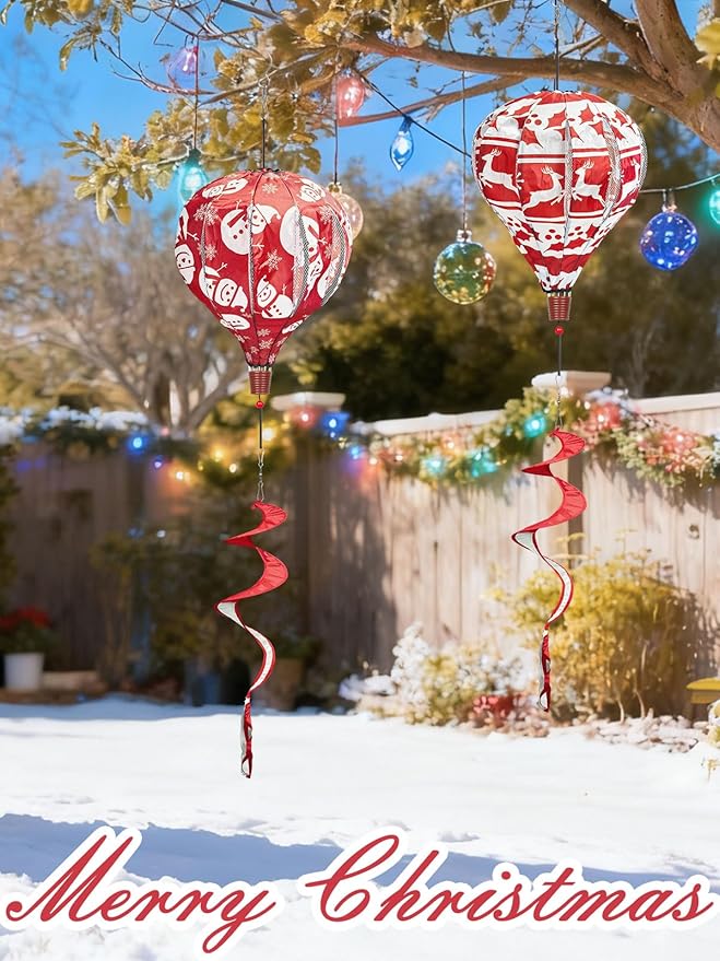 2PCS Giant Christmas Snowman Reindeer Hot Air Balloon Wind Spinners 14" W x 59" H Large Red&White Whirligig Wind Spinner Hanging Ornaments for Yard Garden Lawn Outdoor Decorations