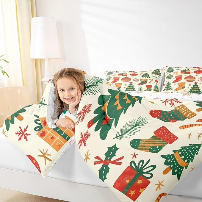Feelyou Christmas Comforter Set All Season Xmas Tree Bedding Set with 1 Pillow Cases New Year Gift Microfiber Kids Twin Bedclothes Christmas Stockings Bedroom Decor Duvet Quilt Breathable Soft