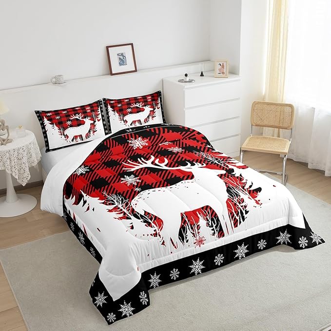 Manfei Christmas Comforter Set Queen Size, Xmas Deer Tree Snowflake Print Bedding Set 3pcs for Kids Boys Girls Bedroom Decor, Black Red Plaid Print Quilt Set with 2 Pillowcases