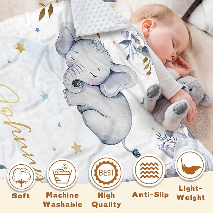 Personalized Baby Blanket for Boys Girls, Custom Baby Blanket with Name, Flannel Blue Elephant Blanket Personalized Gifts for Kids Newborn Infant, Ideal for Birthday Baby Shower(30”x40)