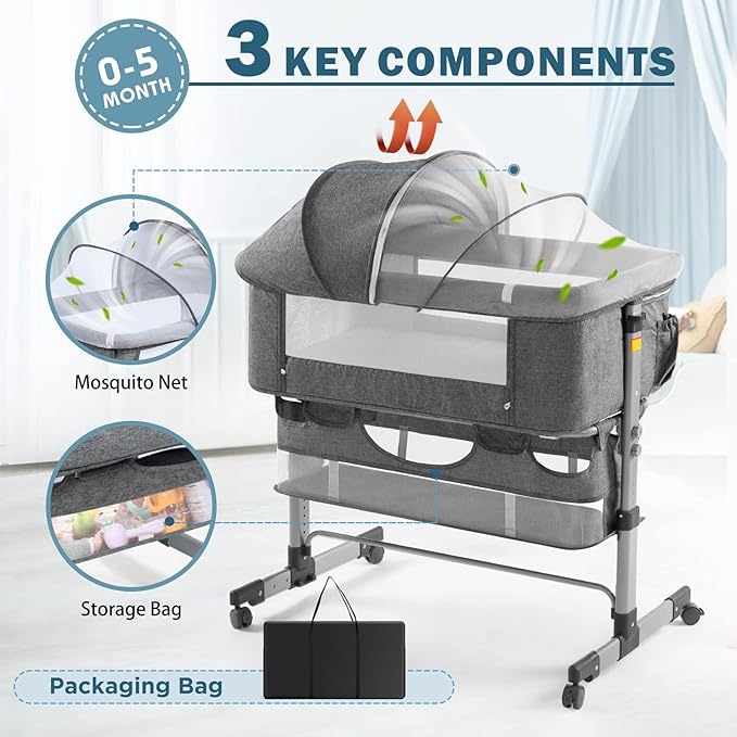 Ihoming Baby Bassinet Bedside Sleeper, Baby Bed Side Crib with Storage Basket, Easy Folding Bassinets, Adjustable Baby Bed for Infant Newborn, Gray