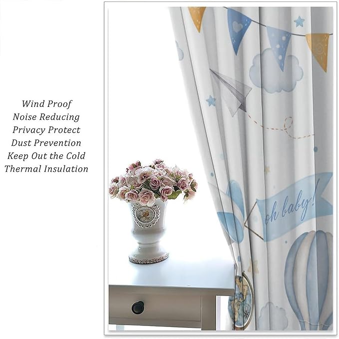 Blue Bear Curtains, Cute Lovely Bear Adventure Airplane Cloud Pastel Blackout Window Treatments, Rod Pocket Thermal Insulated Drapes 2 Panel Sets for Kids Bedroom Nursery Classroom, 55"W X 63"L