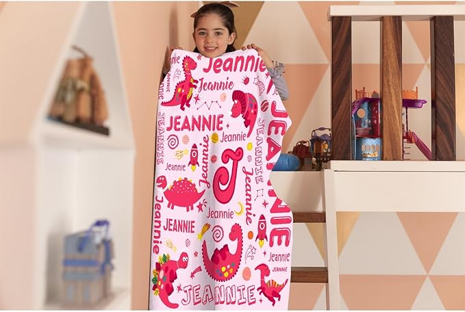 Dinosaur Lover Astronaut Personalized Blanket with Name Custom Pink Dinosaur with Name Flannel Blanket Soft Throw Meaningful Gift for Toddlers Girls Boys Kids Pets 60 * 50" M for Teen