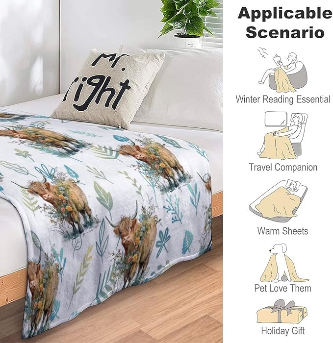 Highland Cow Blanket for Adults Women Girls - 80x60 Inches Cute Throw Blanket Gift for Mom Daughter Grandma Nana - Green Soft Fuzzy Cow Blankets for Bed Couch Sofa Travel