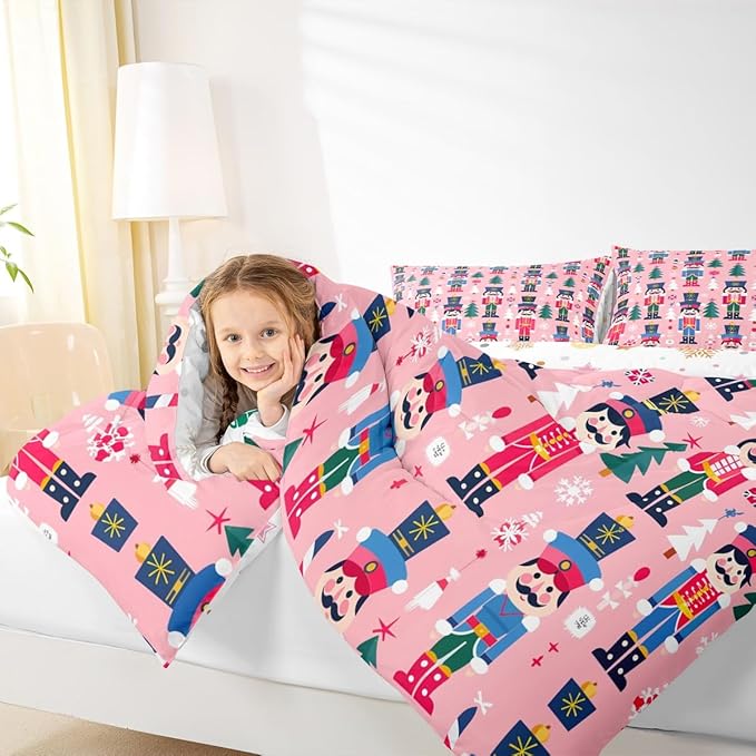 Feelyou Cute Nutcracker Kids Comforter Set Twin Christmas Tree Bedding Set Xmas Snowflake Duvet Quilt for Kids Boys Girls Bedroom Colorful Soldier Decor Candy-Cane Designs Microfiber Soft Breathable