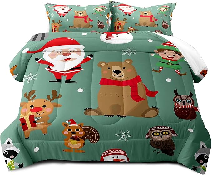 LUVIVIHOME 3PCS Merry Christmas Comforter Set Full Size, Boys Girls Kids Bedding, Green Quilt, Funny Cute Cartoon Santa Claus Elf Owl Elk Reindeer Squirrel Xmas Christmas Bedroom Decor, 2 Pillow Shams
