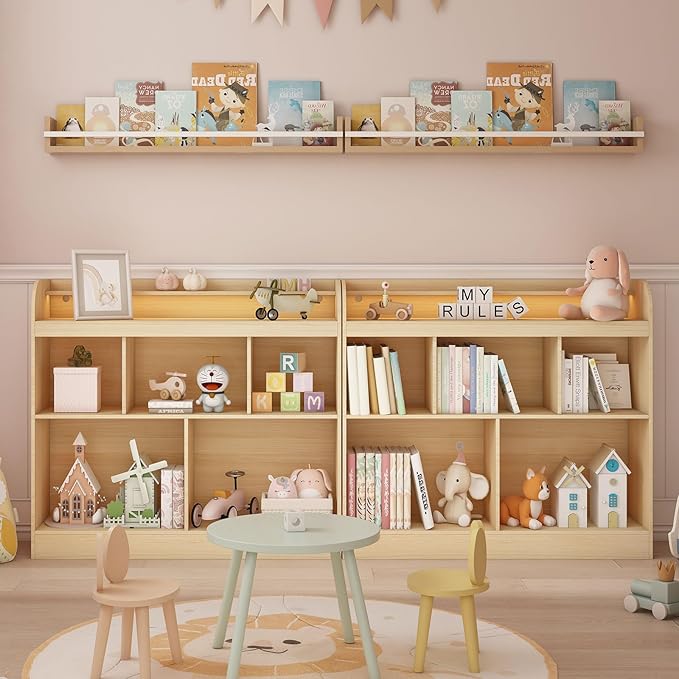 Lkeiyay Open Shelf Kids Bookcase，Montessori Toy Organizer with LED Lights - Oak Wooden Open Bookcase for Kids, Bedroom, Back to School，Playrooms & Nurseries