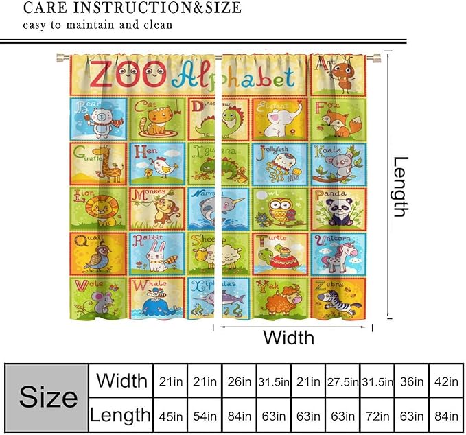 Alphabet Curtains Kids Educational Learning Tool Baby Cartoon Animals Colorful Curtain with Rod Pocket for Bedroom Living Room Decor Drapes Window Treatments 2 Panels Set 52" W X 84" L