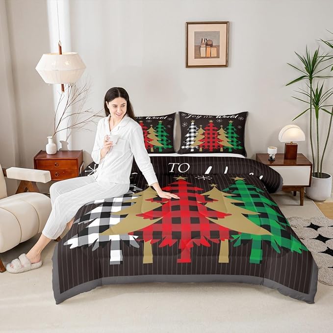 Christmas Kids Comforter Set Twin Size,Plaid Pine Trees Snowflake Bedding,Girls Boys Adults Bedroom/Xmas Cabin Decor,Geometric Lines Stylish Down Comforter,Rustic Colorful Duvet Insert,1 Pillowcase