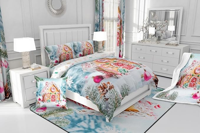 Feelyou Christmas Snowscape House Landscape Bedding Set Soft for Boys Girls,Gingerbread House Comforter Set Toddler Size Candy Canes Duvet Quilt Pine Branches Bedroom Decor 2 Pcs with 1 Pillow Cases