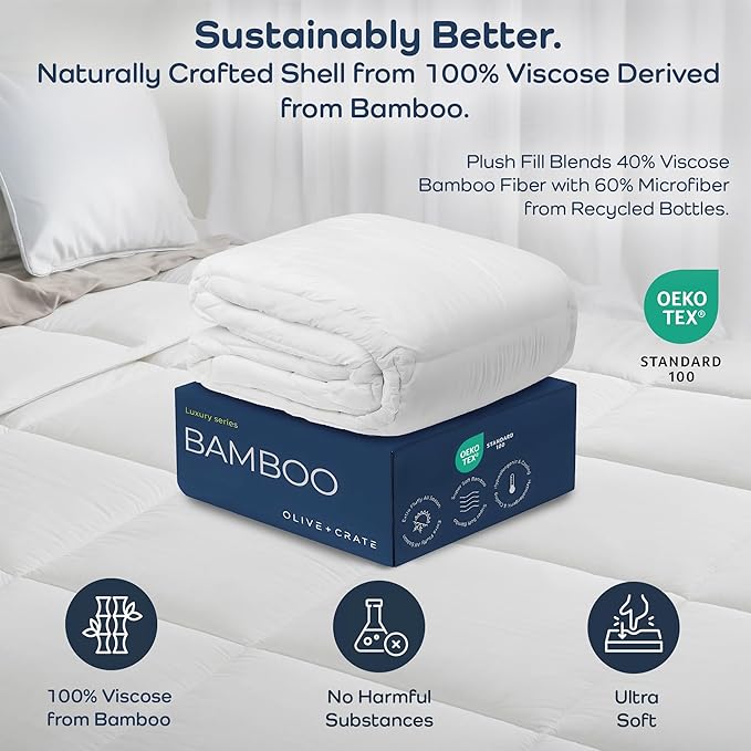 Olive + Crate 100% Viscose Derived from Bamboo Comforter - Queen Size - Hypoallergenic, Cooling & Moisture-Wicking Bedding - All Season Lightweight Plush Design - Organic Queen Comforter - 80"x 90"