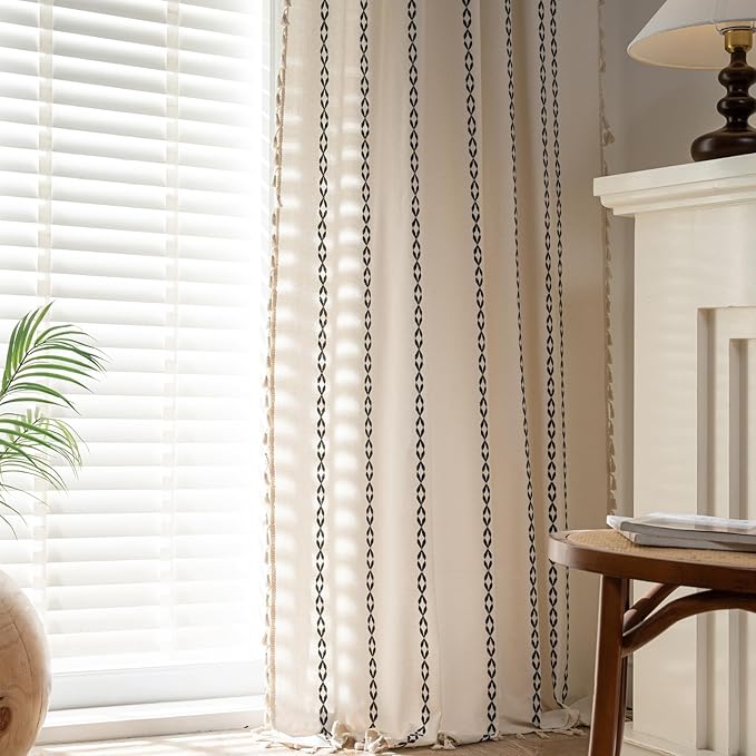 Deeprove White and Black Boho Curtains 96 inches Length for Living Room Bedroom Nursery, Classic Bohemian 96 inches Long, Stripe Embroidery Privacy Window Fringe Decoration W52 x L96, Single 1 Panel