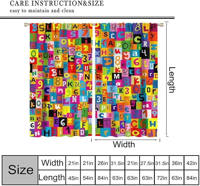 ABC Alphabet Curtains Colorful Art Patchwork Alphabet Graffiti Cartoon Print Curtain with Rod Pocket for Bedroom Living Room Home Decor Drapes Window Treatments 2 Panels Set 52" W X 84" L