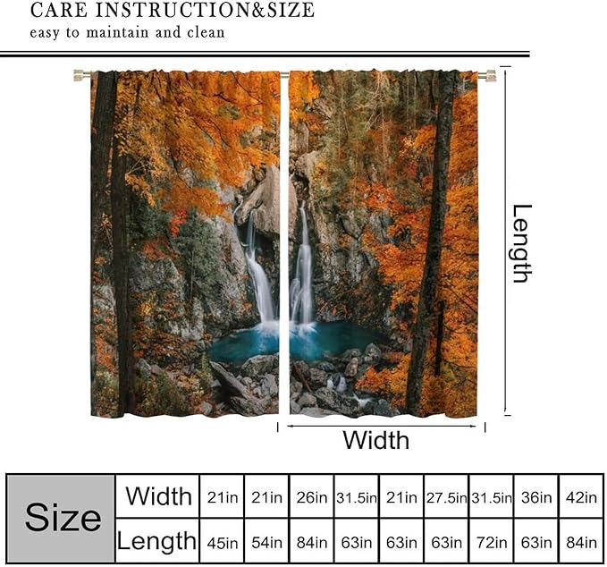 Autumn Waterfall Blackout Windows Curtains, Rustic Farmhouse Fall Forest Landscape Window Drapes, for Living Room Bedroom 63" W X 63" L