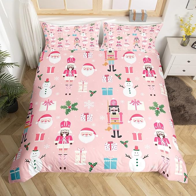 Pink Christmas Nutcracker Decorative Comforter Cover Toddler Size Xmas Cartoon Santa Claus Duvet Cover New Year Festival Snowman Snowflake Bedding Set Gifts for Kids Boys Girls 1 Pillow Case Pink