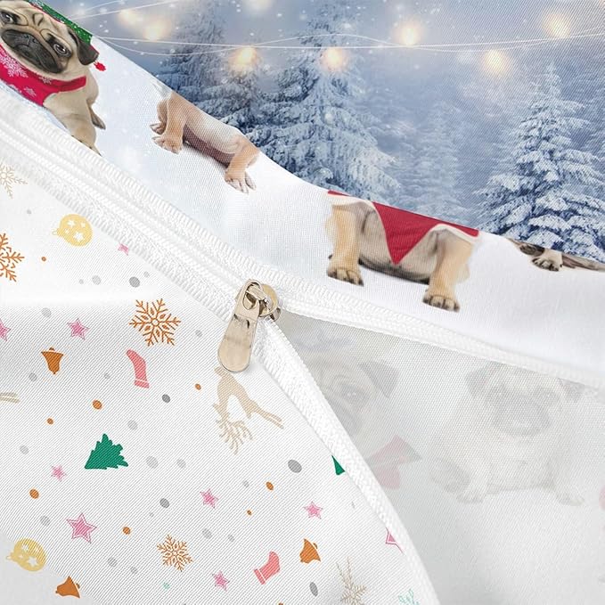 Dog Xmas Duvet Cover Cute Pug Dog Christmas Tree Style Bedding Set 3D Animal Comforter Cover for Boys Girls Children Teens Bedroom Decor White Blue Bedspread Cover King Size With 2 Pillow Case