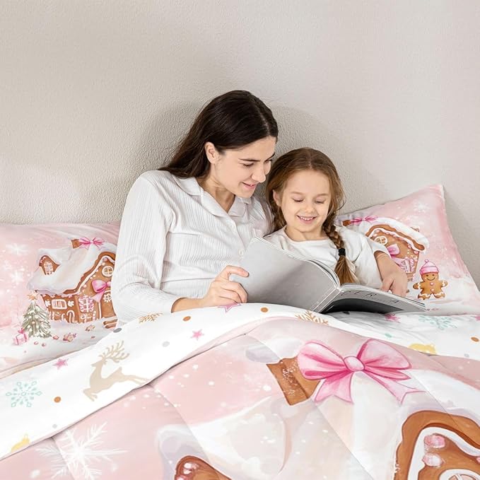 Feelyou Gingerbread House Kids Comforter Set Toddler Size Gingerbread Man Bedding Set Christmas Tree Duvet Quilt for Kids Boys Girls Bedroom Pink Bow Decor Snowflake Microfiber Ultra Soft Breathable