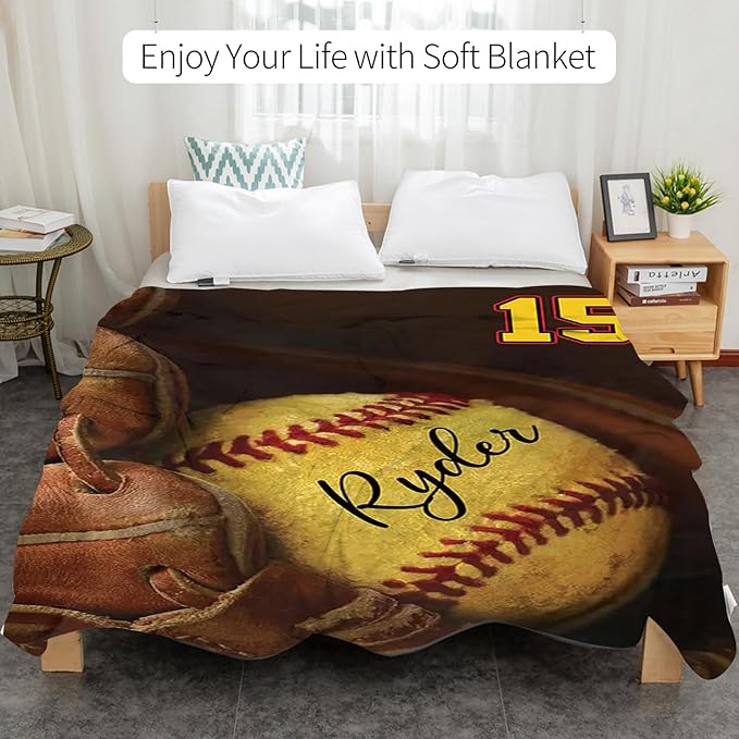 Custom Baby Softball Blanket with Name Number: Personalized Fluffy and Warm Gift for Baby Toddler Kids and Adults Birthday Skin-Friendly Flannel Fabric(60"x80")