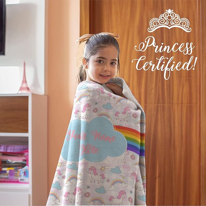 Personalized Rainbow Unicorn Throw Blanket for Girls and Boys with Custom Name, Cute Soft Bedding for Nursery Room or Tummy Play, Warm and Plush (Fleece 60x80)