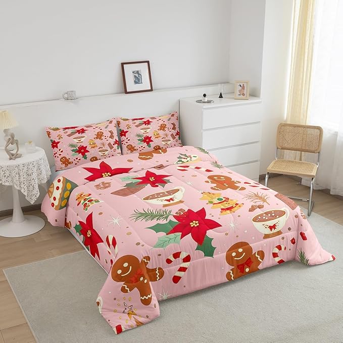 Feelyou Cute Gingerbread Man Bedding Set for Kids Boys Girls Toddler Size Christmas Trees Comforter Set Ultra Soft Candy Comforter Dessert Duvet Quilt Bedroom Decor Christmas Decor Quilt