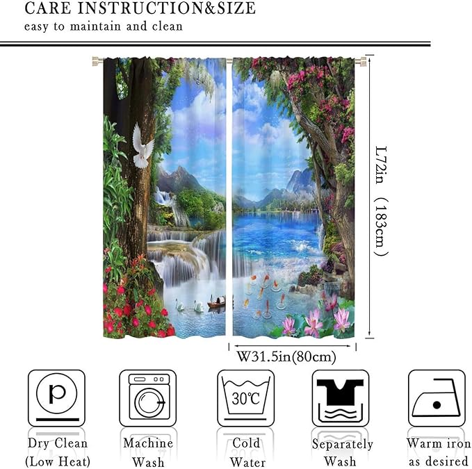 Spring Jungle Waterfall Blackout Window Curtains, Tropical Rainforest Floral Tree Waterfall Landscape Print Window Drapes, for Living Room Bedroom 63x72in 2 Panels