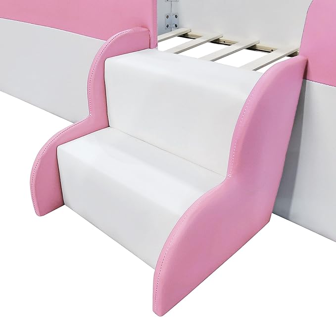 Merax Upholstered Kids' Daybed, Daybed Frame with Fence and Stairs, No Box Spring Needed, Twin Size, Pink+White