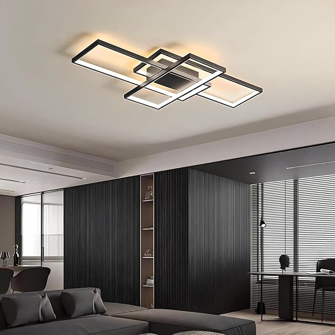 Modern Dimmable LED Ceiling Light Fixture,with Remote Control 3 Color Selectable Flush Mount Ceiling Lamp Ceiling Lights for Sitting Room Kitchen Bedroom(Black, 35.4 * 19.7 * 2.5 in)