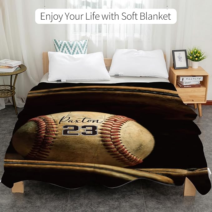 Custom Softball Baby Blanket with Name Number: Personalized Fluffy and Warm Gift for Baby Toddler Kids and Adults Birthday Skin-Friendly Flannel Fabric(40"x50")