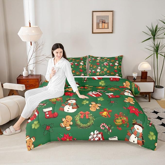 jejeloiu Merry Christmas Comforter Set Twin Size Cute Snowman Bedding Set for Kids Boys Girls Gingerbread Man Duvet Quilt Green Bedroom Decor