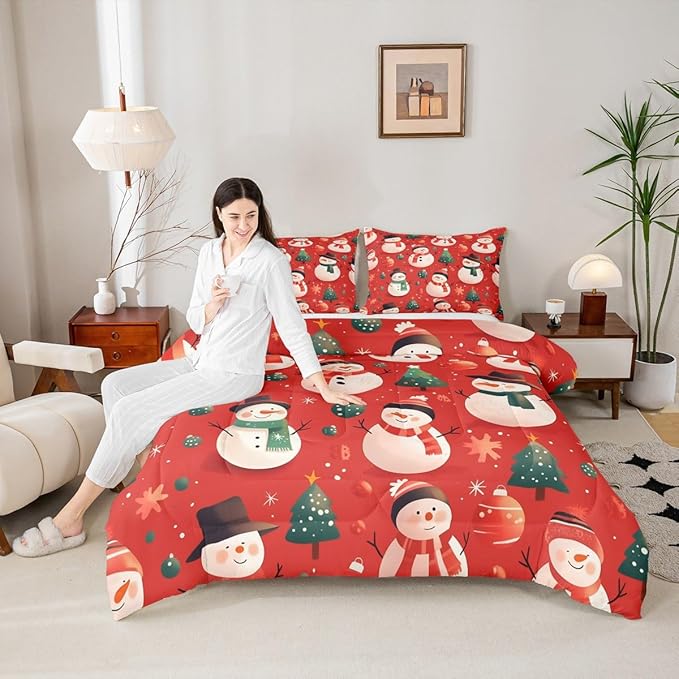 Feelyou Christmas Comforter Set Queen Size Snowman Bedding Set for Kids Boys Girls Snowflake Duvet Quilt New Year Theme Bedroom Decor Microfiber 3 Pcs with 2 Pillow Cases
