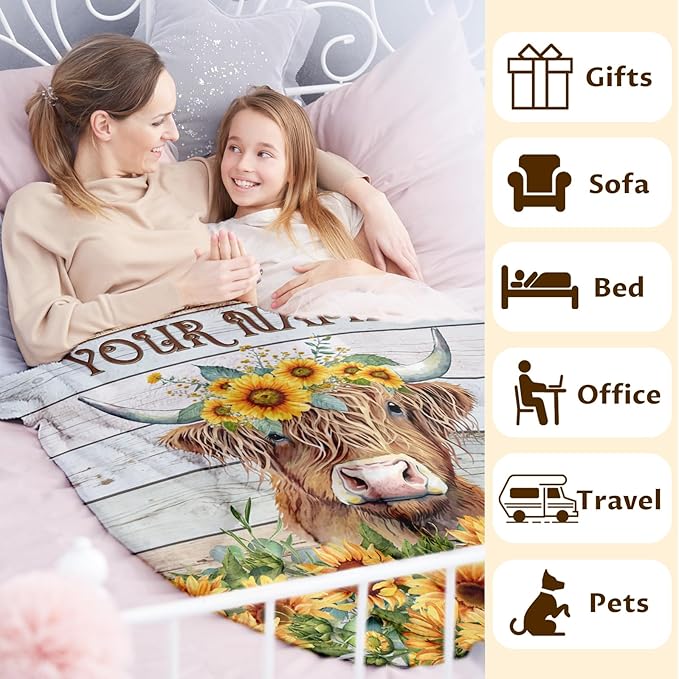 Custom Highland Cow Blanket Gifts with Name - 50x40 Inches Cute Throw Blanket for Women Girls - Yellow Soft Fuzzy Vintage Sunflower Blankets for Crib Couch Sofa Travel