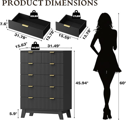 46" Tall Dresser for Bedroom, 6-Drawer Fluted Chest of Drawers, Modern Wood Highboy with Deep Storage, Metal Slides and Handles, Anti-Tip Kit, Vertical Clothes Organizer for Apartment, Nursery