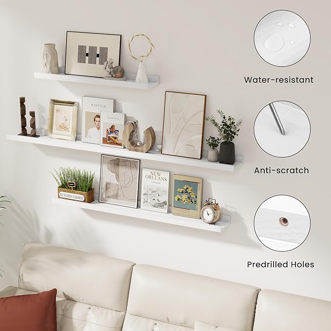 Solid Ash Wood Picture Ledge Shelf, Floating Shelves Set of 2, 56 Inch Long Large Ledge Shelves, Nursery Book Shelves Wall Mounted for Living Room Bedroom Kitchen Decor Kids Bookshelf, White