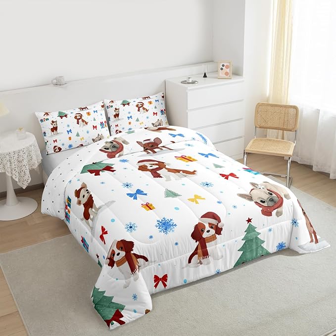 Feelyou Christmas Puppy Comforter Set All Season Festive Pet Bedding Set with 2 Pillow Cases Cute Dog Kids Queen Bedclothes Xmas Tree Snowflake Bedroom Decor Duvet Quilt Breathable Soft Lightweight