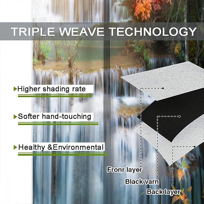 Waterfall Blackout Window Curtains, Nature Landscape Fores Theme Rod Pocket Window Drapes, for Living Room Bedroom 42" W X 63" L
