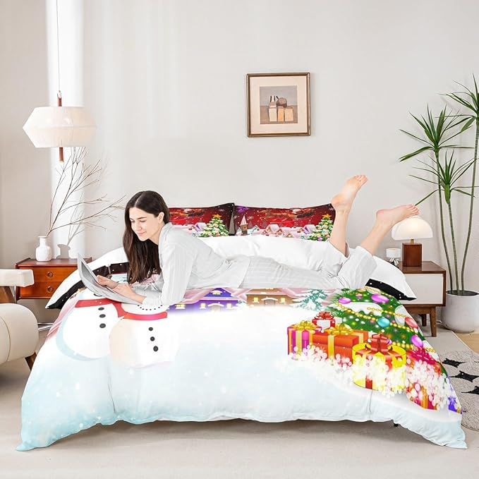 Manfei Christmas Duvet Cover Set Full Size, Snowman Xmas Tree Bedding Set for Kids Boys Girls, Santa Claus with Reindeer Comforter Cover New Year Theme Quilt Cover with 2 Pillowcases, No Comforter