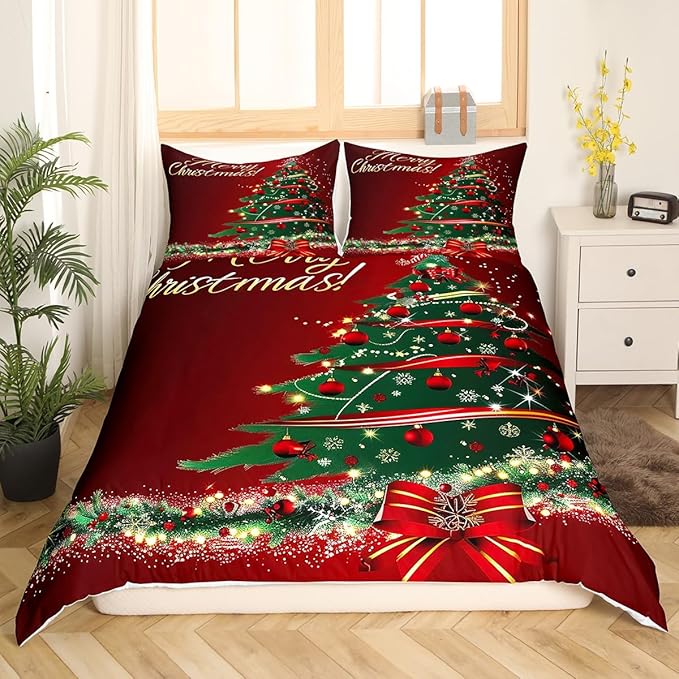 Christmas Tree Duvet Cover Set Queen Size Fir Tree Branches and Deer Print Bedding Set 3pcs for Kids New Year Theme Comforter Cover Merry Christmas Red Quilt Cover with 2 Pillowcases,No Comforter