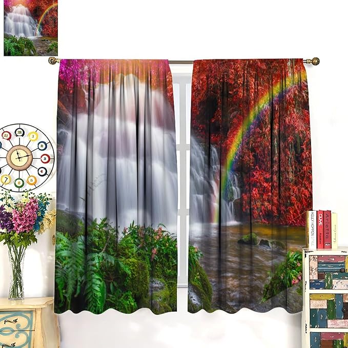 Waterfall Blackout Curtains, Nature Landscape Forest Mountain Waterfall Scenery Scene Print Pattern Window Drapes, for Bedroom Living Room 55" W X 63" L
