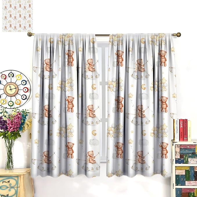 Cartoon Bear Curtains, Cute Lovely Bear Star Cloud Ballon Pastel Blackout Window Treatments, Rod Pocket Thermal Insulated Drapes 2 Panel Sets for Kids Bedroom Nursery Classroom, 55" W X 63" L