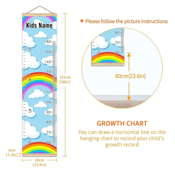 Personalized Kids Name Growth Chart Ruler for Wall Wood Frame Height Measure Chart 13.4x56 in Linen Hanging Height Growth Chart Colorful Rainbow Clouds Kids Room Decor