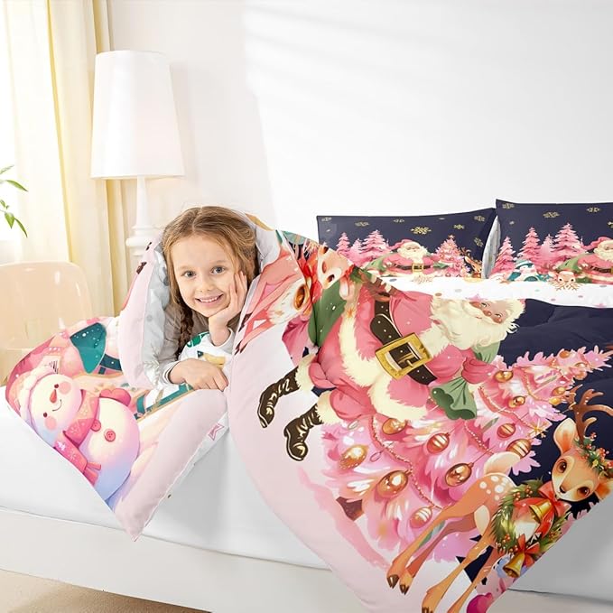 jejeloiu Merry Christmas Comforter Set King Size Santa Claus Bedding Set for Kids Boys Girls Cute Deer Duvet Quilt Dark Blue Bedroom Decor