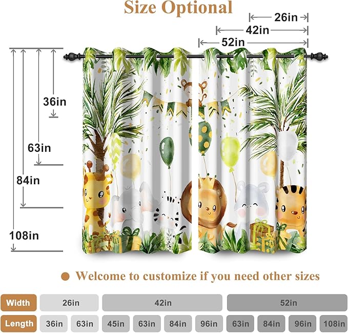 Renaiss 42 x 84 Inch Rainforest Safari Animal Curtains African Jungle Tropical Lions Tigers Elephants Giraffes Palm Trees Pattern Polyester Fabric Grommet Window Drapes for Nursery Bedroom 2 Panels