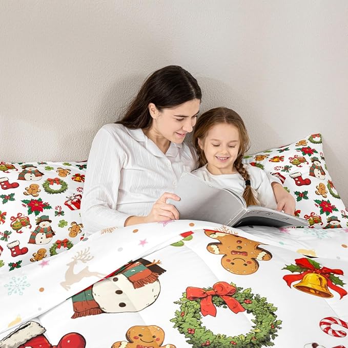 jejeloiu Merry Christmas Comforter Set King Size Cute Snowman Bedding Set for Kids Boys Girls Gingerbread Man Duvet Quilt White Bedroom Decor