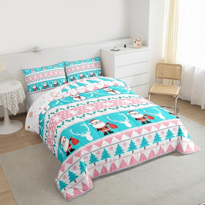 Feelyou Merry Christmas Tree Bedding Set Soft for Boys Girls, Cute Snowman Comforter Set Full Size Santa Claus Duvet Quilt Microfiber Cartoon Bowknot Bedroom Decor 3 Pcs with 2 Pillow Cases
