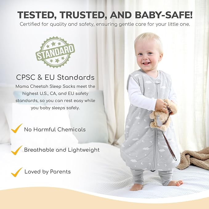 Mama Cheetah Toddler Sleep Sack with Feet 4T - 5T, 2.5 TOG Organic Cotton Baby Sleeping Bag with Legs, Baby Wearable Blankets for Walkers w/ 2-Way Zipper, Baby Sleep Sack for Girls & Boys, XL