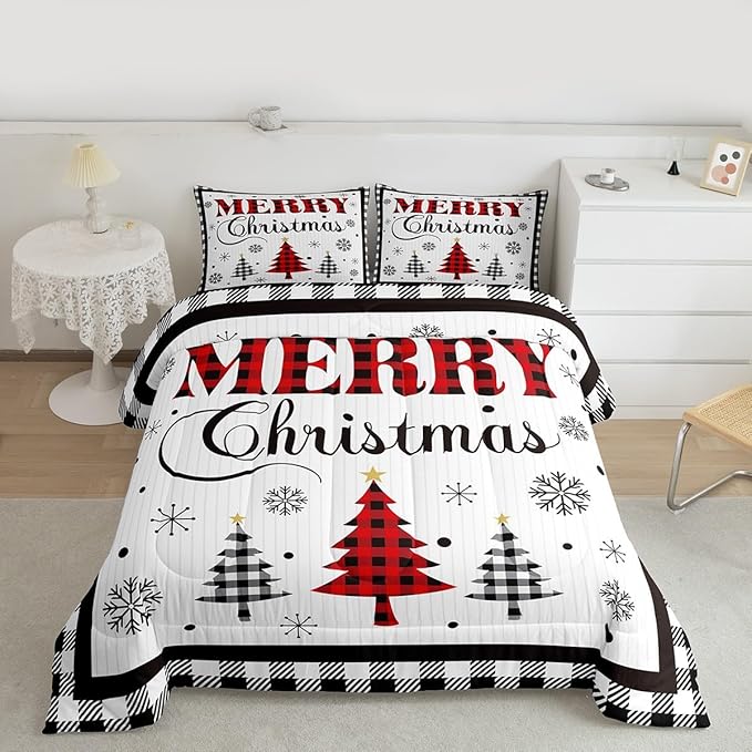 Merry Christmas New Year Kids Comforter Set Twin Size,Snowflake Pine Trees Bedding,Girls Boys Adults Bedroom/Xmas Cabin Decor,Grids Geometric Fashion Down Comforter,Rustic Duvet Insert,1 Pillowcase